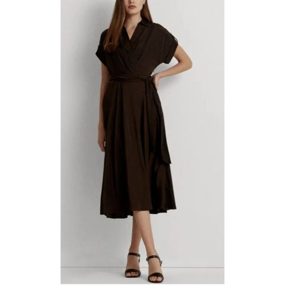 Ralph Lauren Midi Dress 2 Silky Brown Short Sleeve Belted Career Washable - Picture 1 of 10